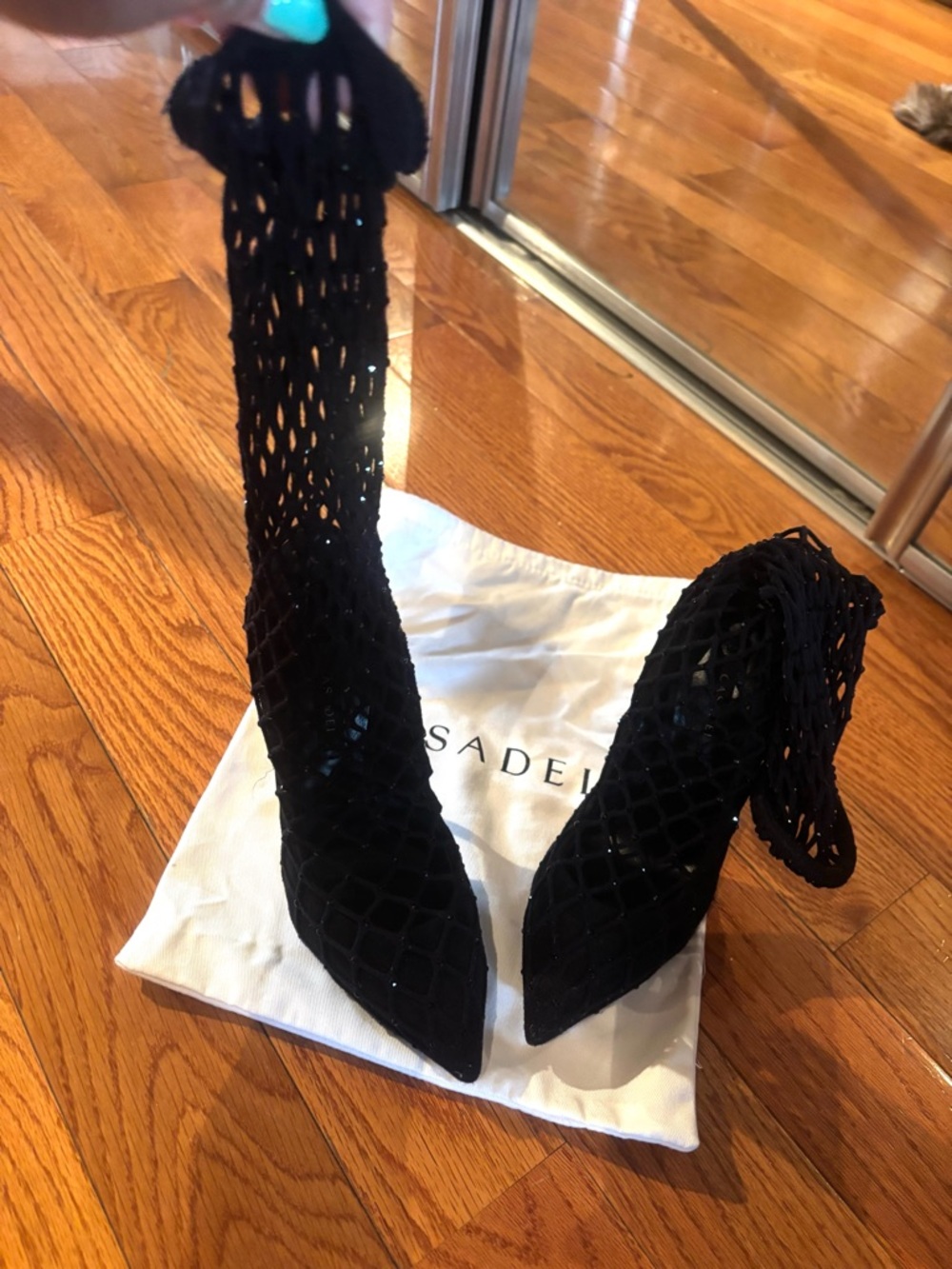 Casadei Black Lattice Mesh Pointed-Toe Mid Knee-High Boots with black rhinestone